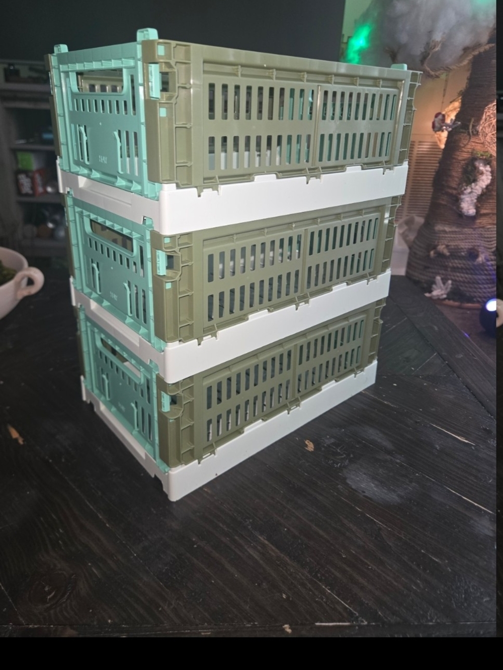 Stackable Olive & Mint Plastic Storage Crates with White Frames